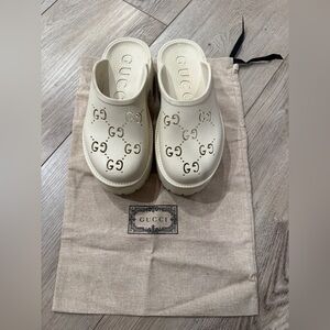 Gucci Perforated Platfom Mules in Mystic White